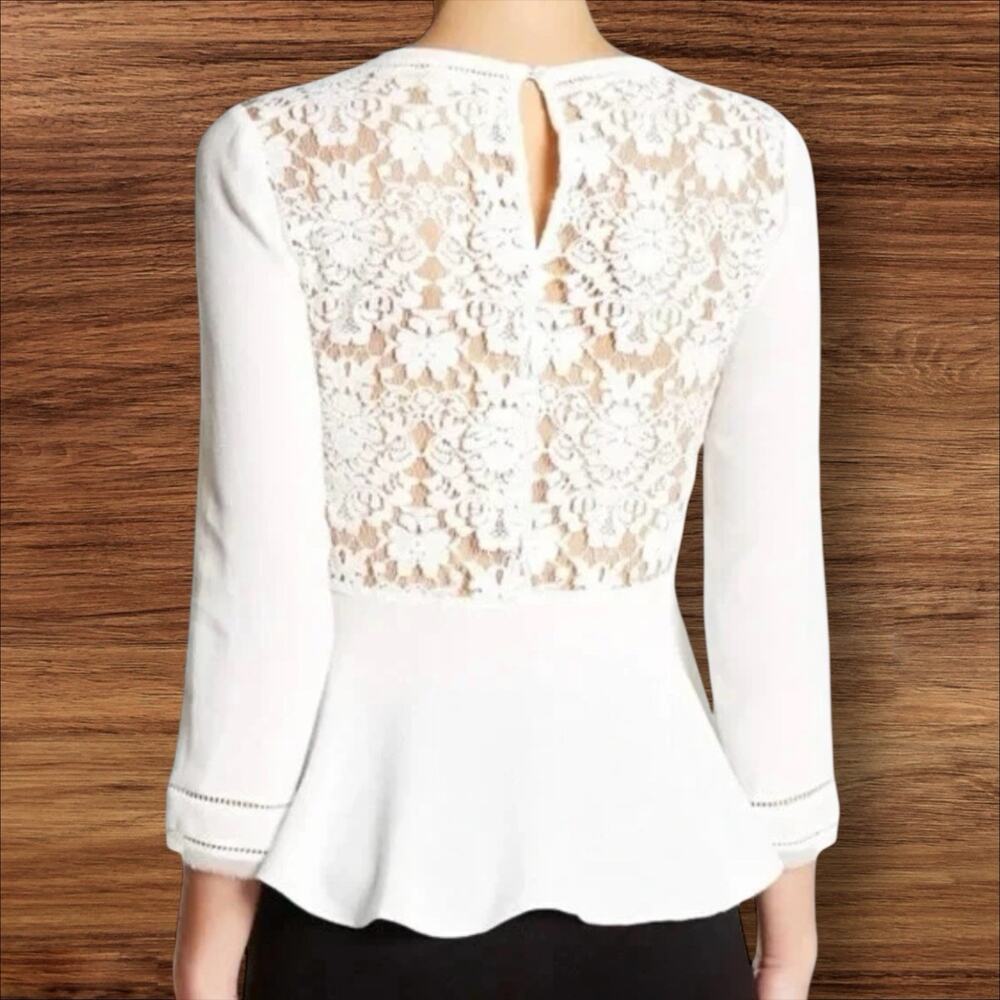 Rebeccaโ Taylor Lace Back Silk Cuff Crepe Peplum Blouse Top White Size 2 Womens